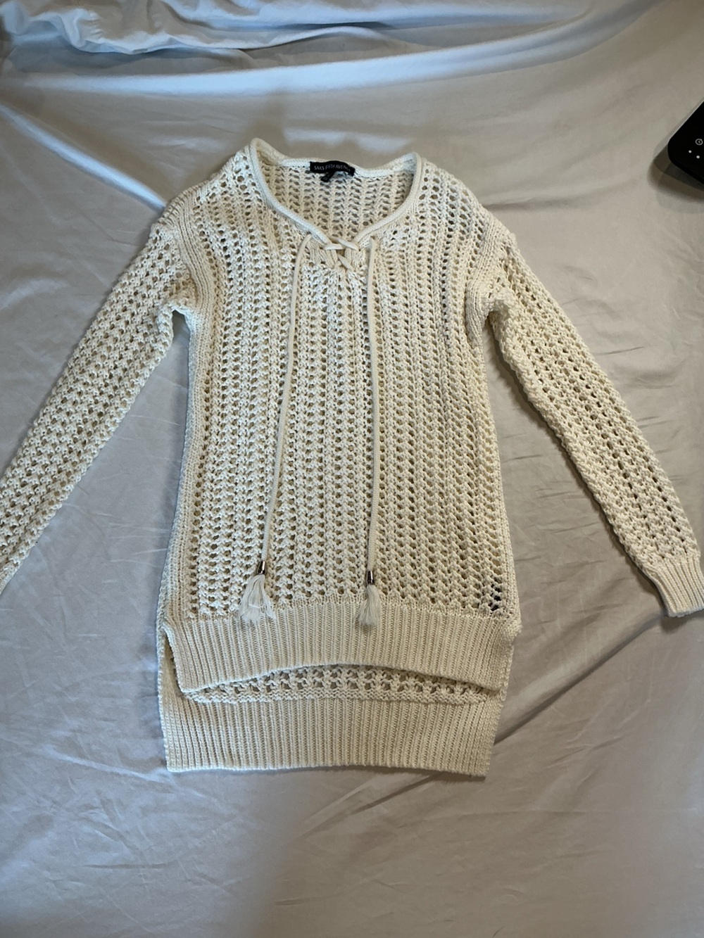 Saks Fifth Avenue Cream Open-Knit V-Neck Sweater with Drawstring